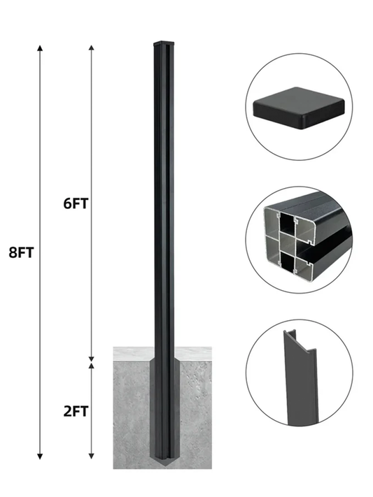 Black 8 ft aluminum fence post with 6 ft above ground, 2 ft in-ground, and multi-channel extrusion