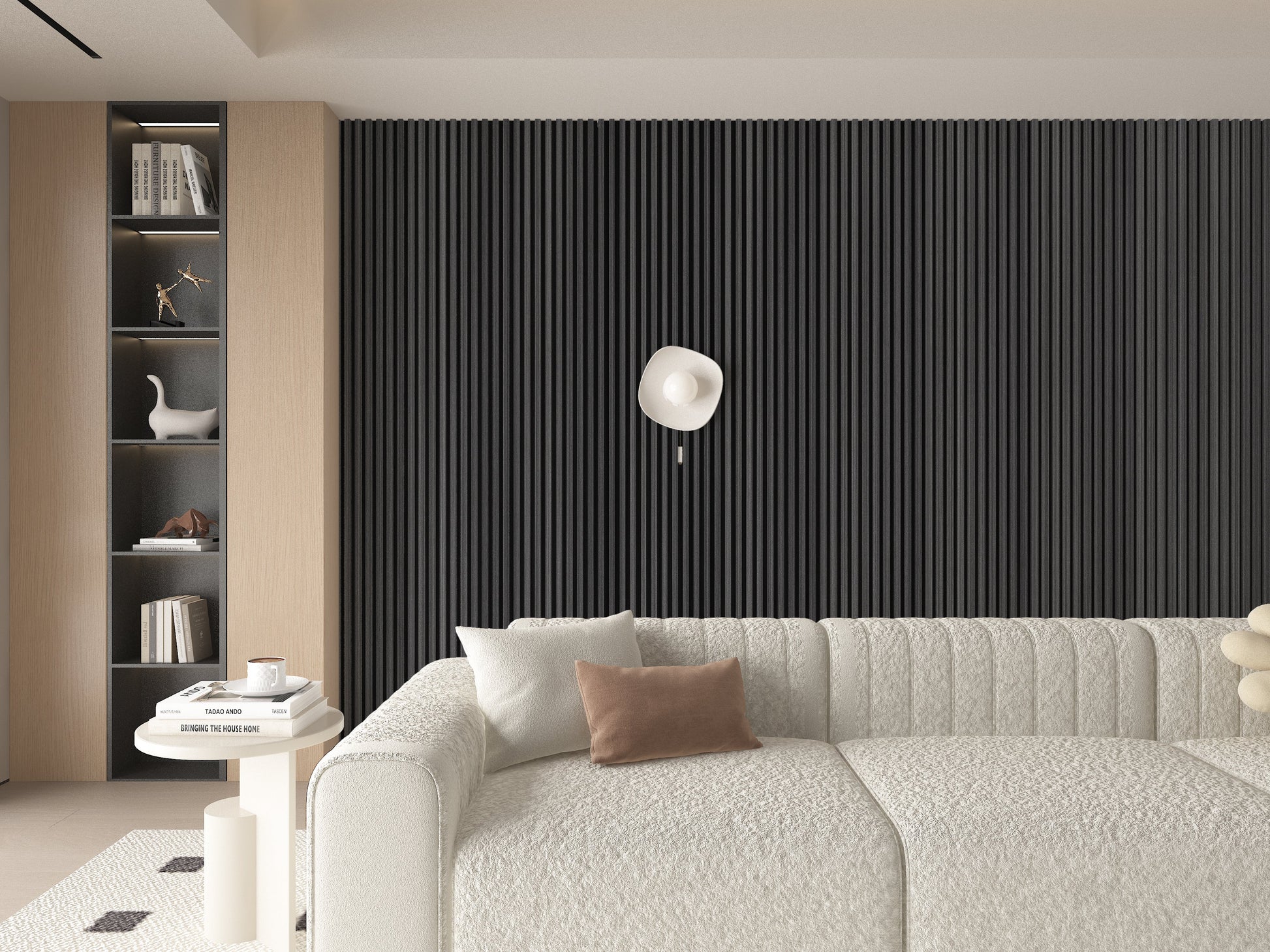 Carborn Gray WPC Fluted 3D Wall Panels. New Era Wall Panels. Living Room Design With WPC Fluted Wall Panels