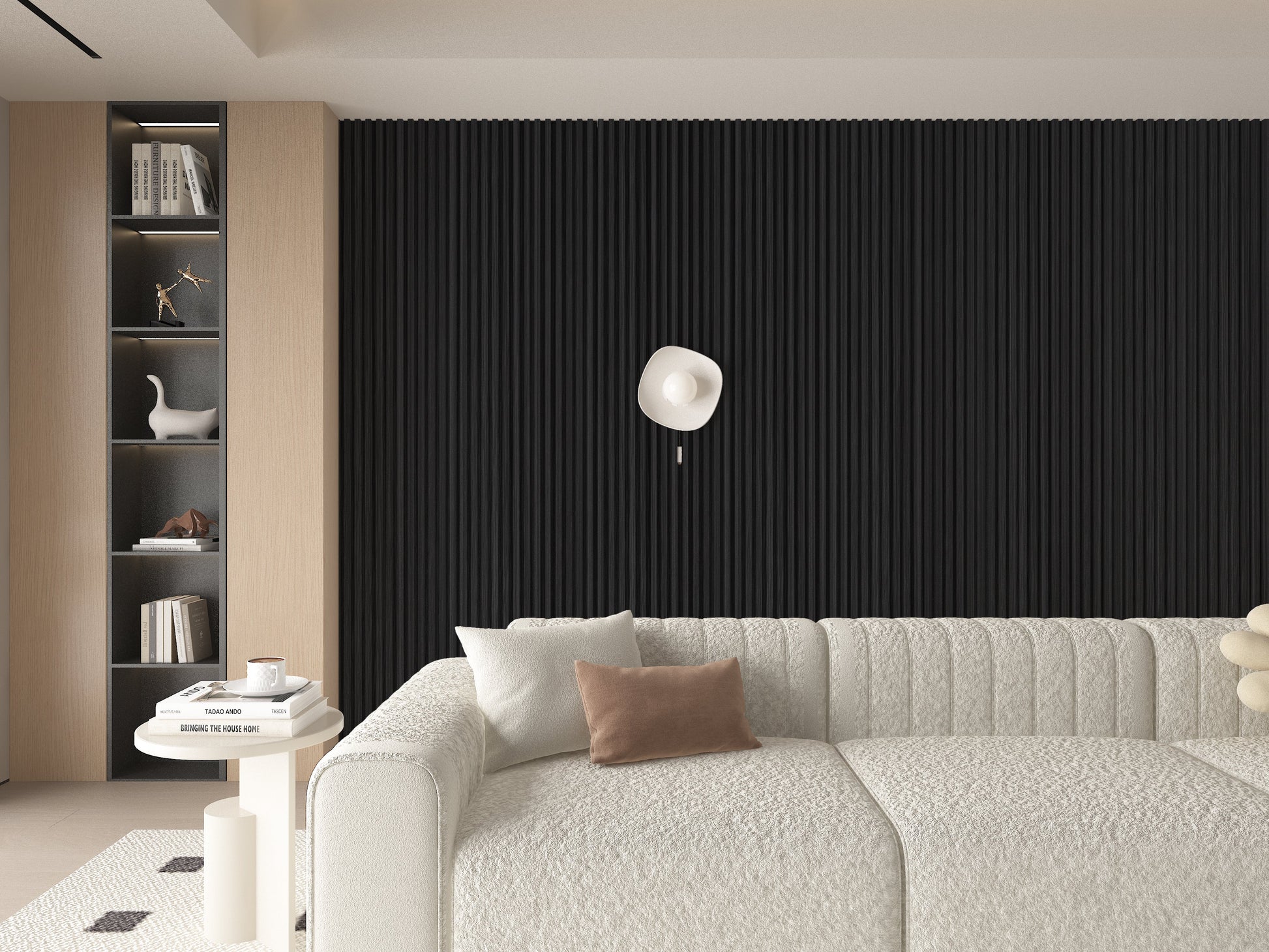 Ashen Oak WPC Fluted 3D Wall Panels. New Era Wall Panels. Living Room Design With WPC Fluted Wall Panels