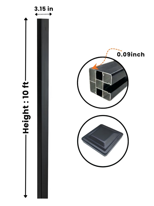 10 ft in-ground fence post with 3.15-inch width, 0.09-inch wall detail, hollow profile, and post cap