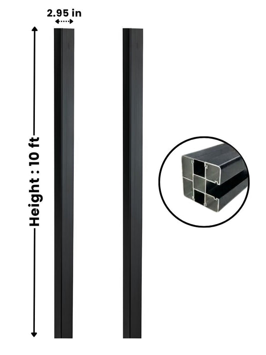 Black 10 ft in-ground fence post shown from two sides with 2.95-inch width and hollow profile detail