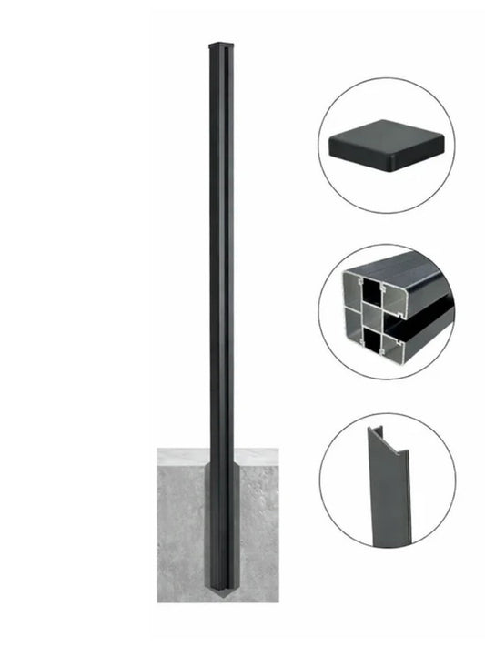 Extra-long aluminum alloy fence post in a dark finish with cap, hollow cross-section, and side profile details