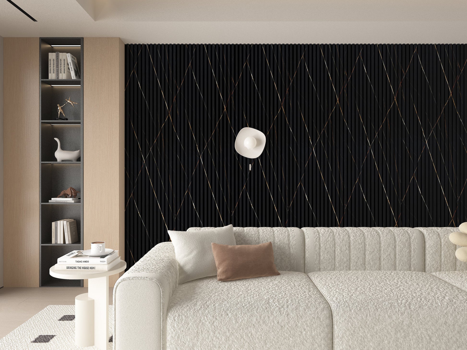 Noir Royale WPC Fluted 3D Wall Panels. New Era Wall Panels. Living Room Design With WPC Fluted Wall Panels