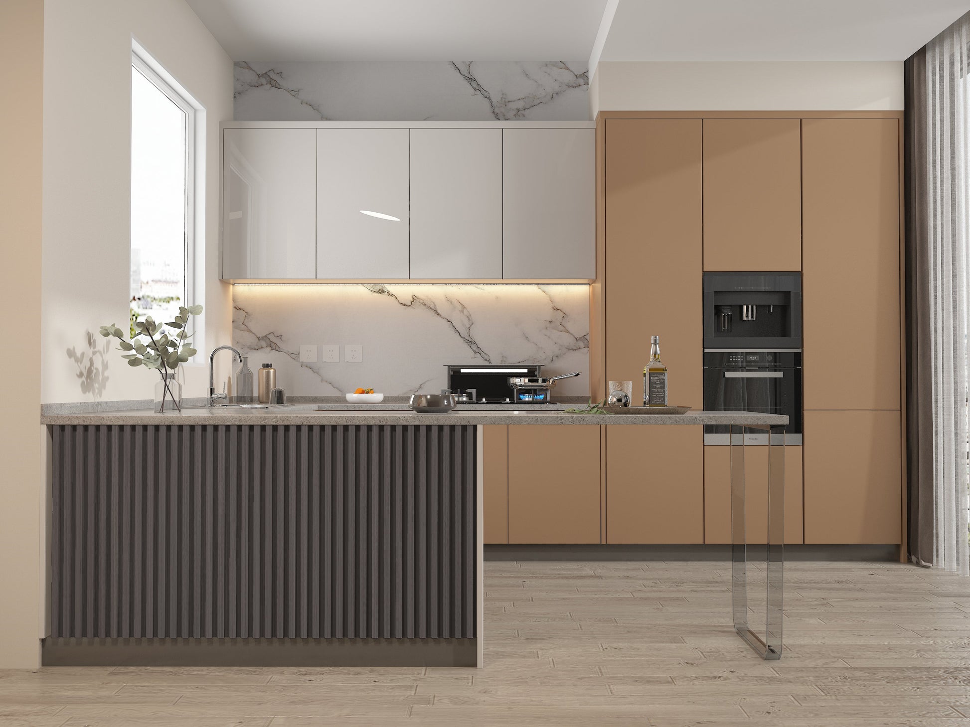 Oak Gray WPC Fluted 3D Wall Panels. New Era Wall Panels. Kitchen Design From WPC Fluted Wall Panels