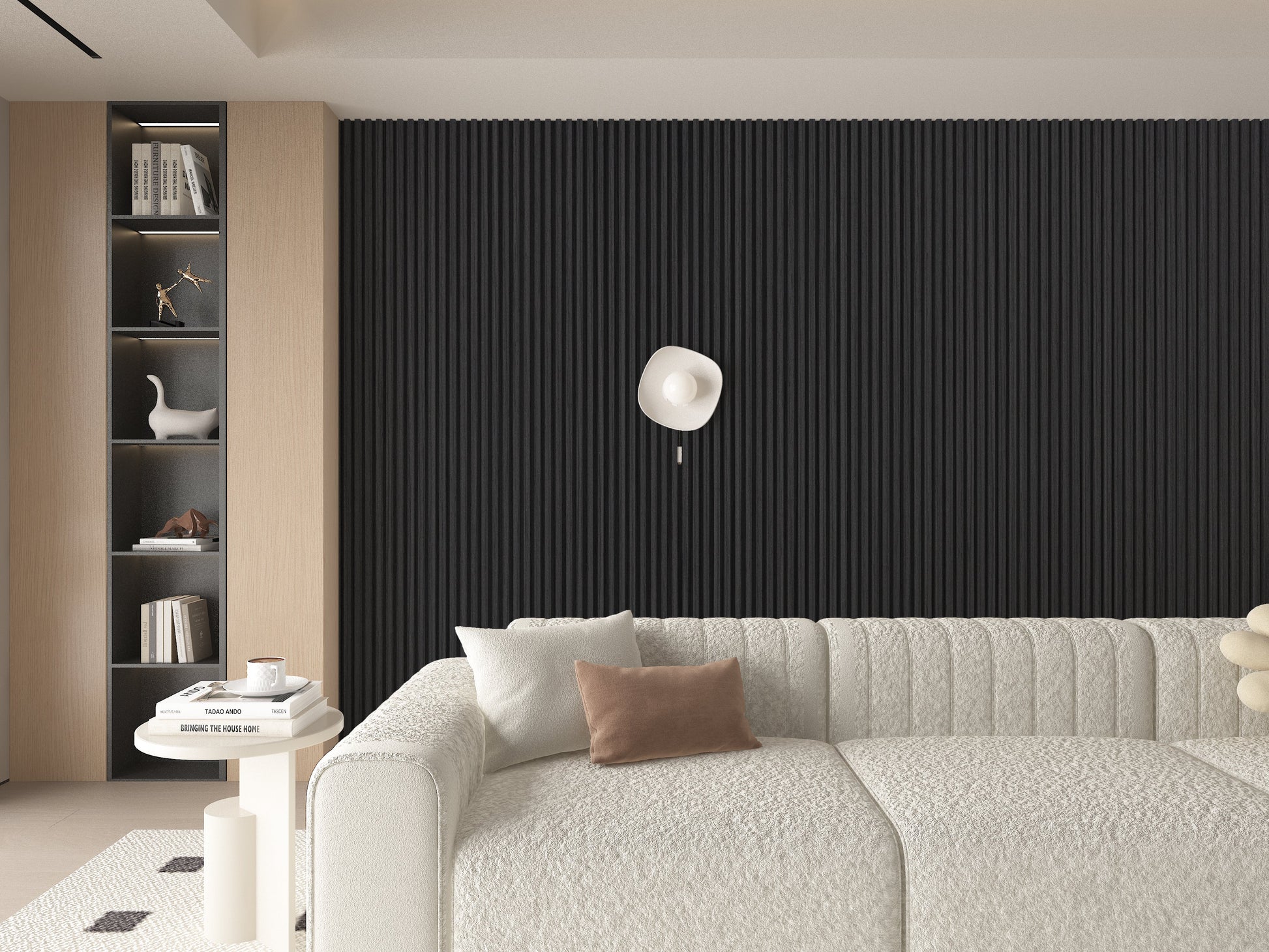 Black Timber WPC Fluted 3D Wall Panels. New Era Wall Panels. Living Room Design With WPC Fluted Wall Panels