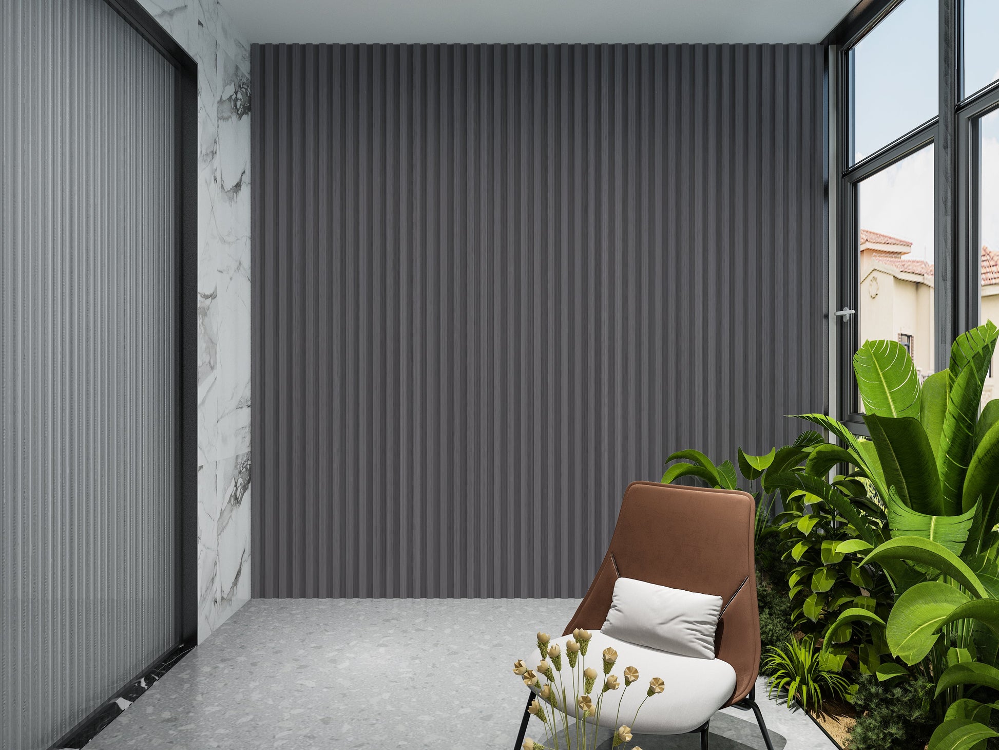 Oak Gray WPC Fluted 3D Wall Panels. New Era Wall Panels. Balcony Design With WPC Fluted Wall Panels