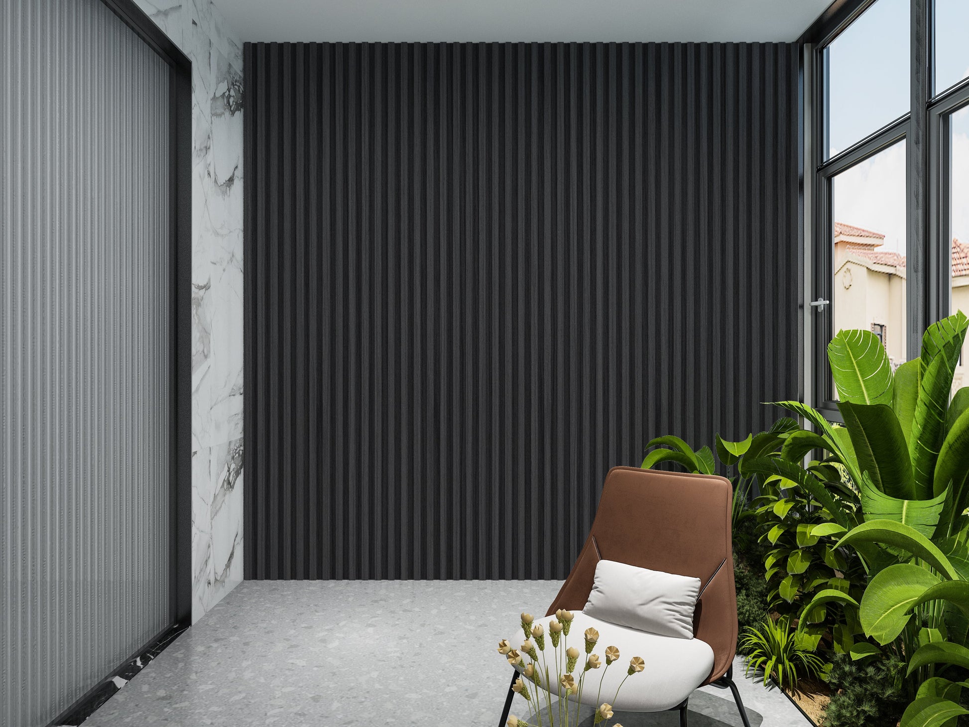 Black Timber WPC Fluted 3D Wall Panels. New Era Wall Panels. Balcony Design With WPC Fluted Wall Panels