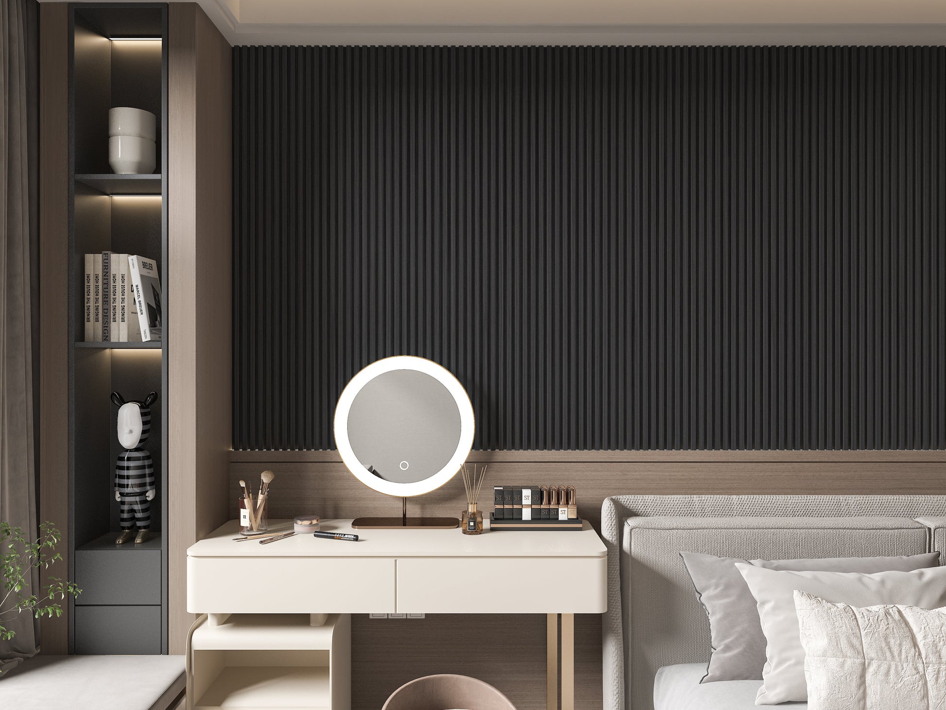 Black Timber WPC Fluted 3D Wall Panels. New Era Wall Panels. Bedroom Wall Design