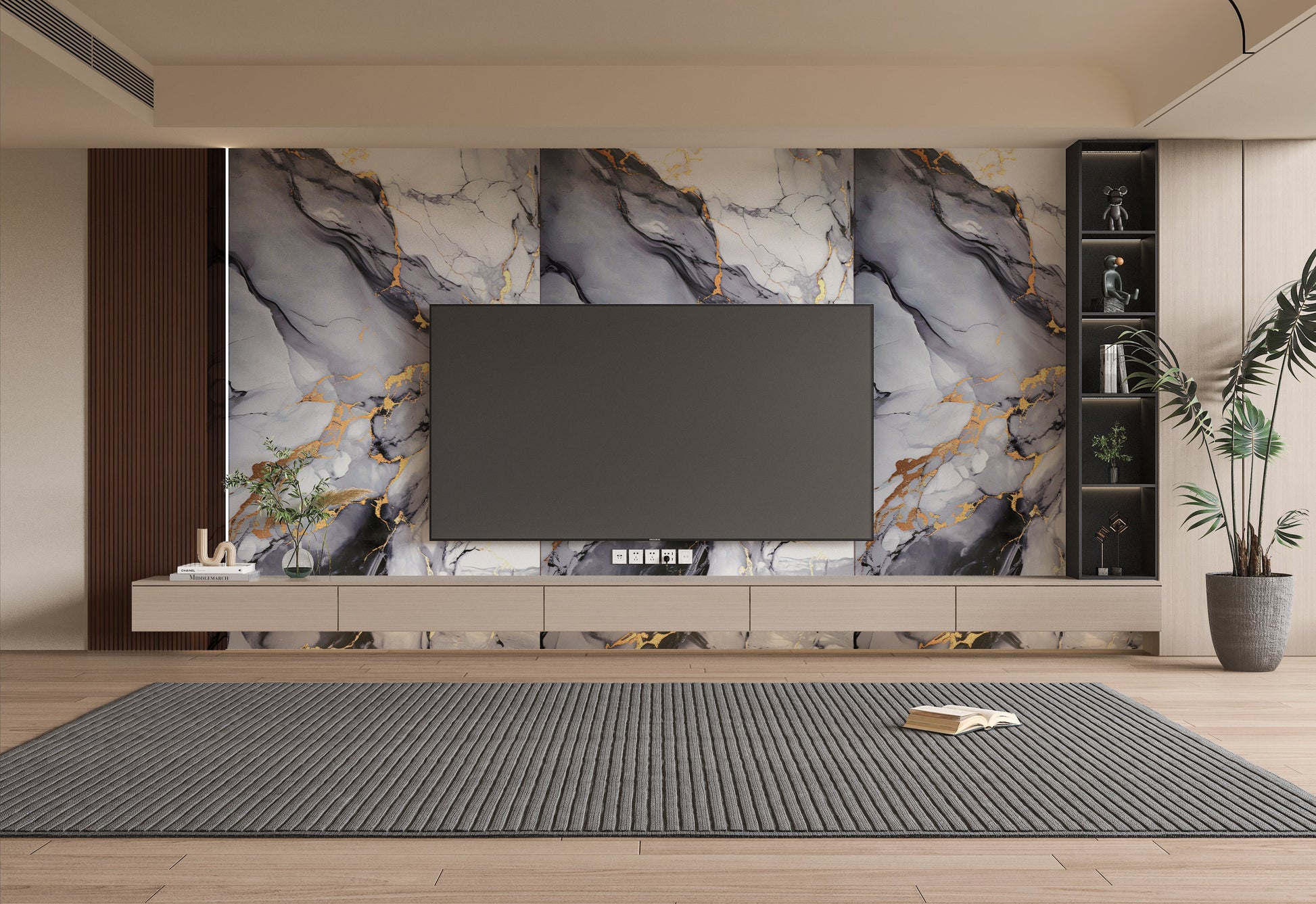 PVC 3D Marble Sheet Blue Mist. New Era Wall Panels. Living Room With PVC Marble Sheets Design