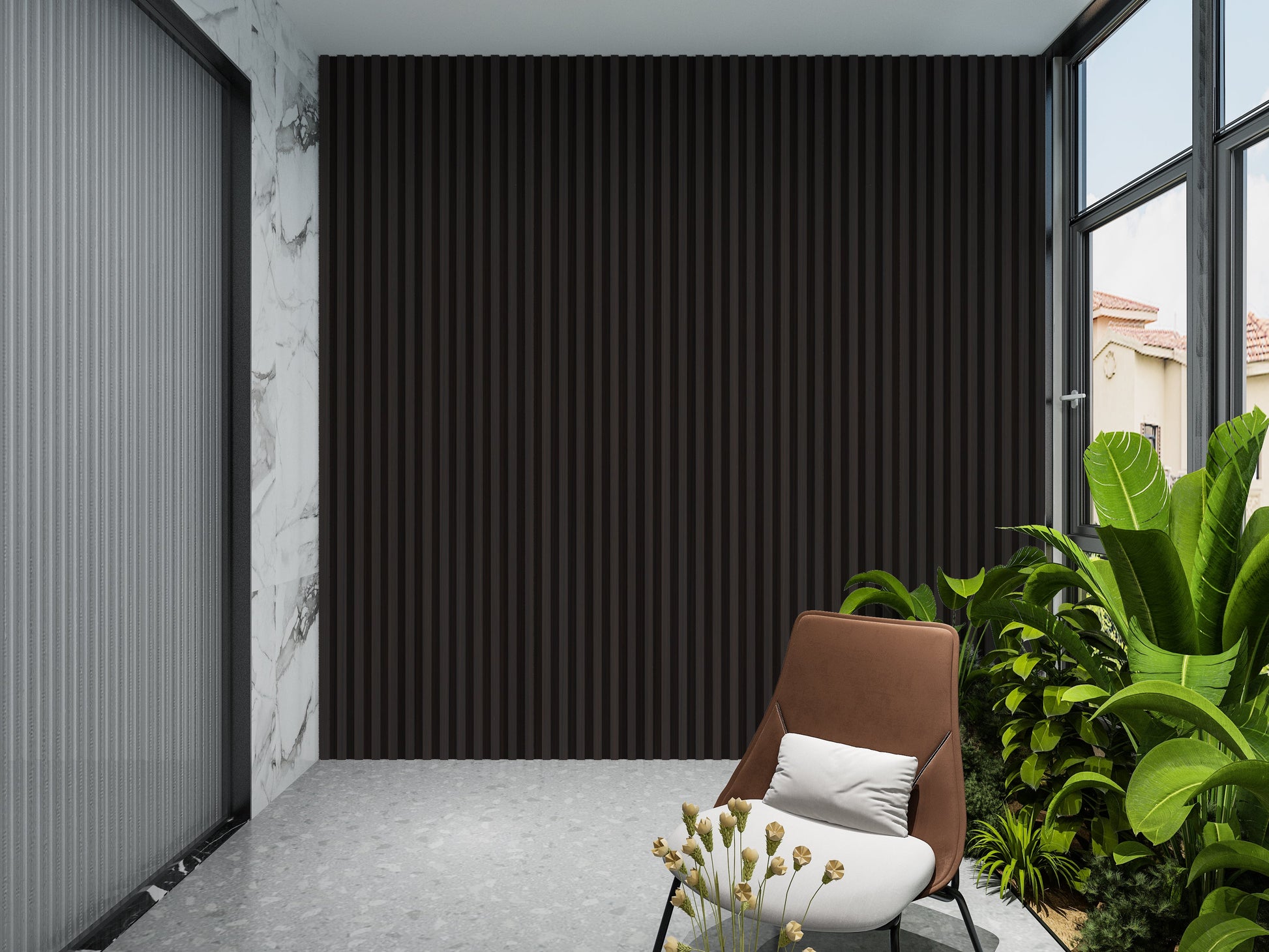 Walnut Ink WPC Fluted 3D Wall Panels. New Era Wall Panels. Balcony Design With WPC Fluted Wall Panels