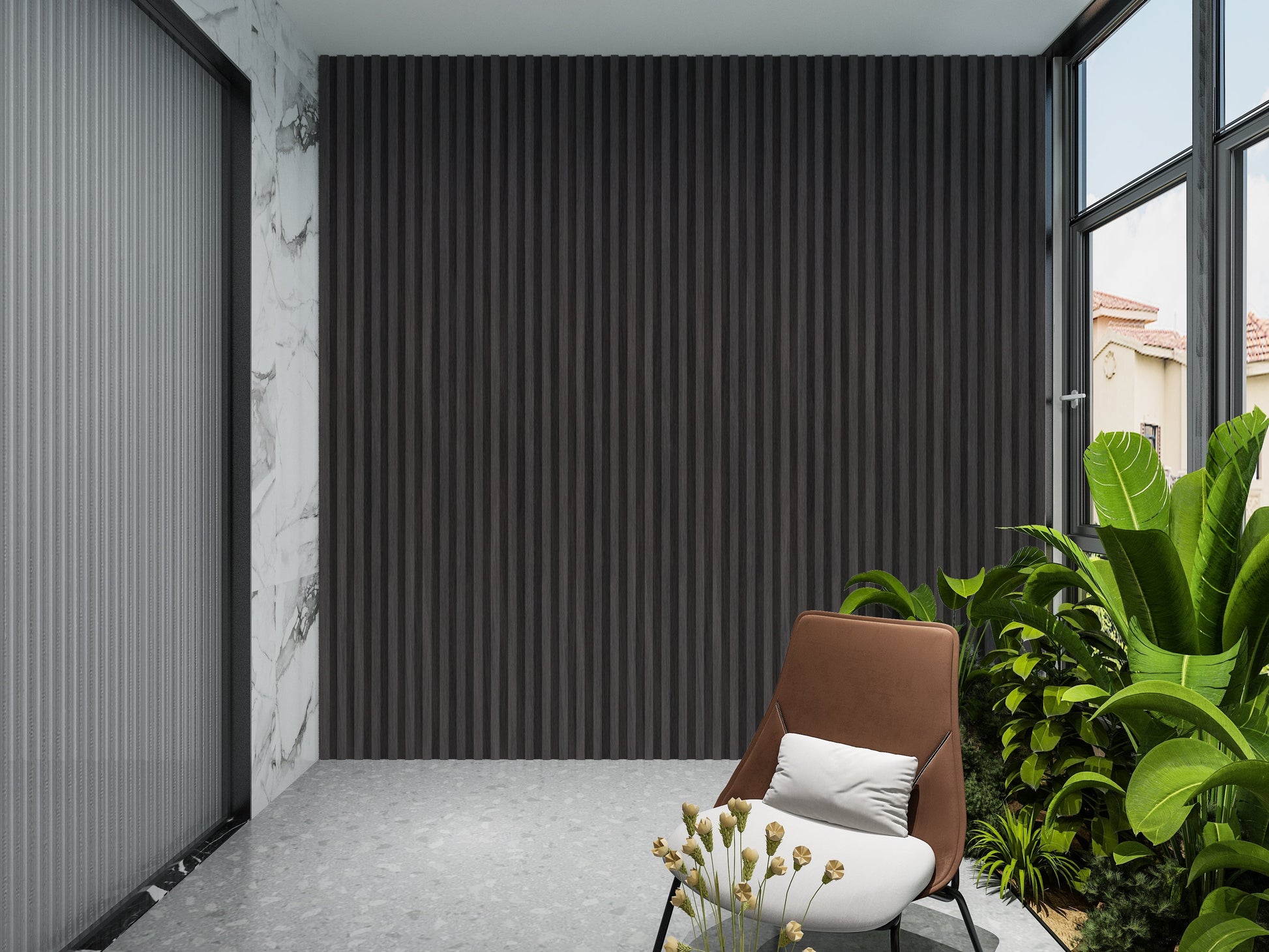 Dark Smoky Oak WPC Fluted 3D Wall Panels. New Era Wall Panels. Balcony Design With WPC Fluted Wall Panels