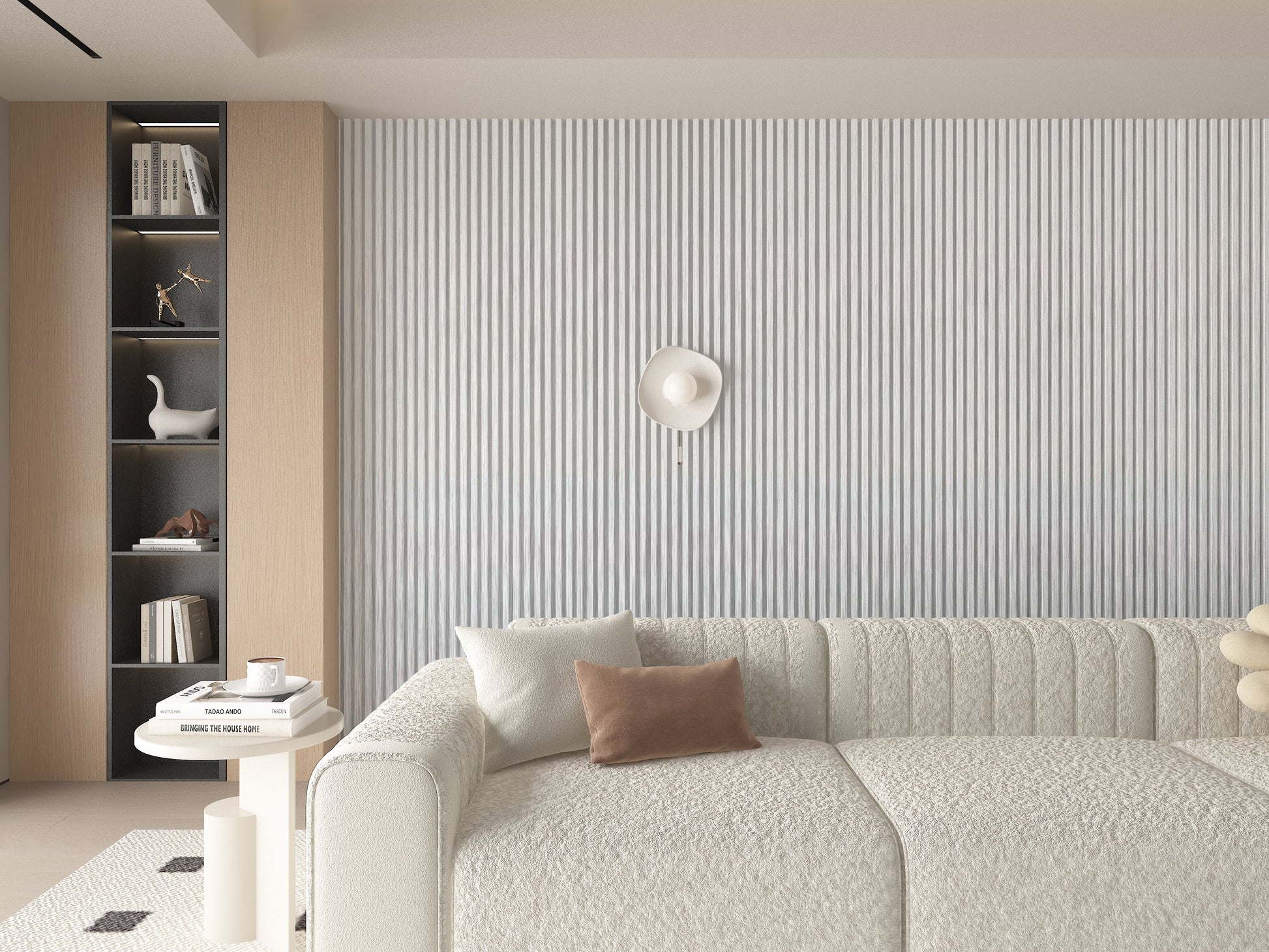 White Brushed WPC Fluted 3D Wall Panels. New Era Wall Panels. Living Room Design With WPC Fluted Wall Panels