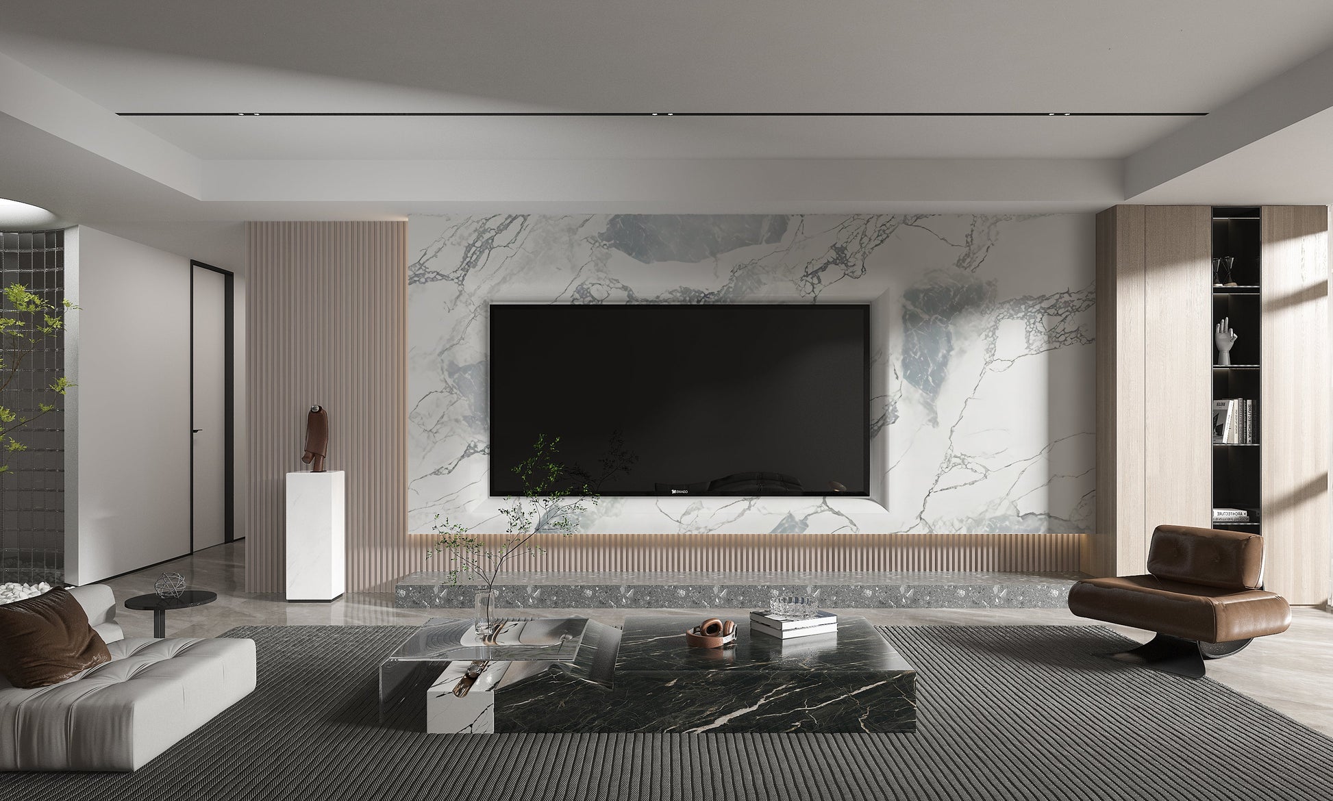 PVC 3D Marble Sheet Blue Mist. New Era Wall Panels. Living Room With PVC Marble Sheets Design