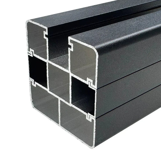 Close-up of the dark 8 ft in-ground fence post hollow internal profile and side channels