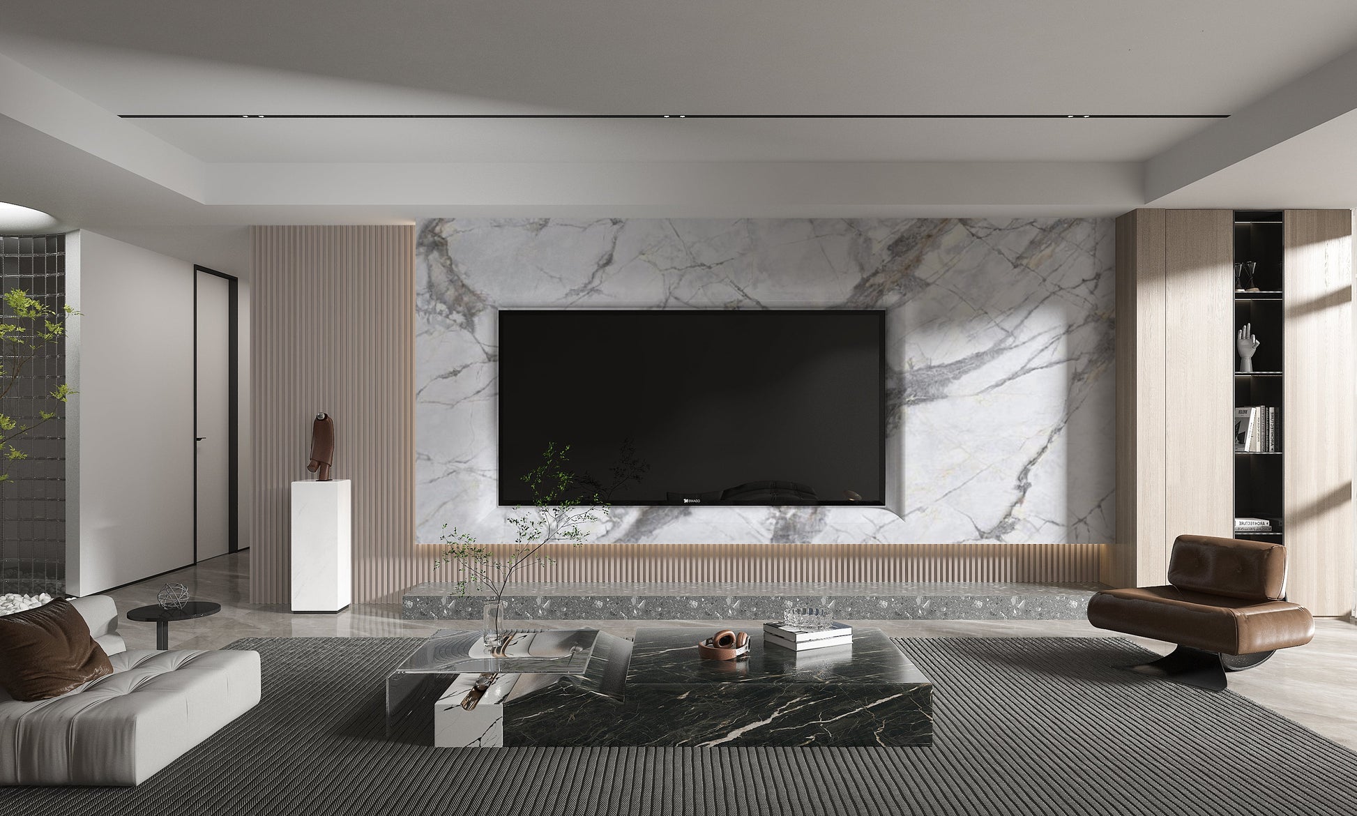 PVC 3D Marble Sheet Deep Veins. New Era Wall Panels. Living Room With PVC Marble Sheets Design