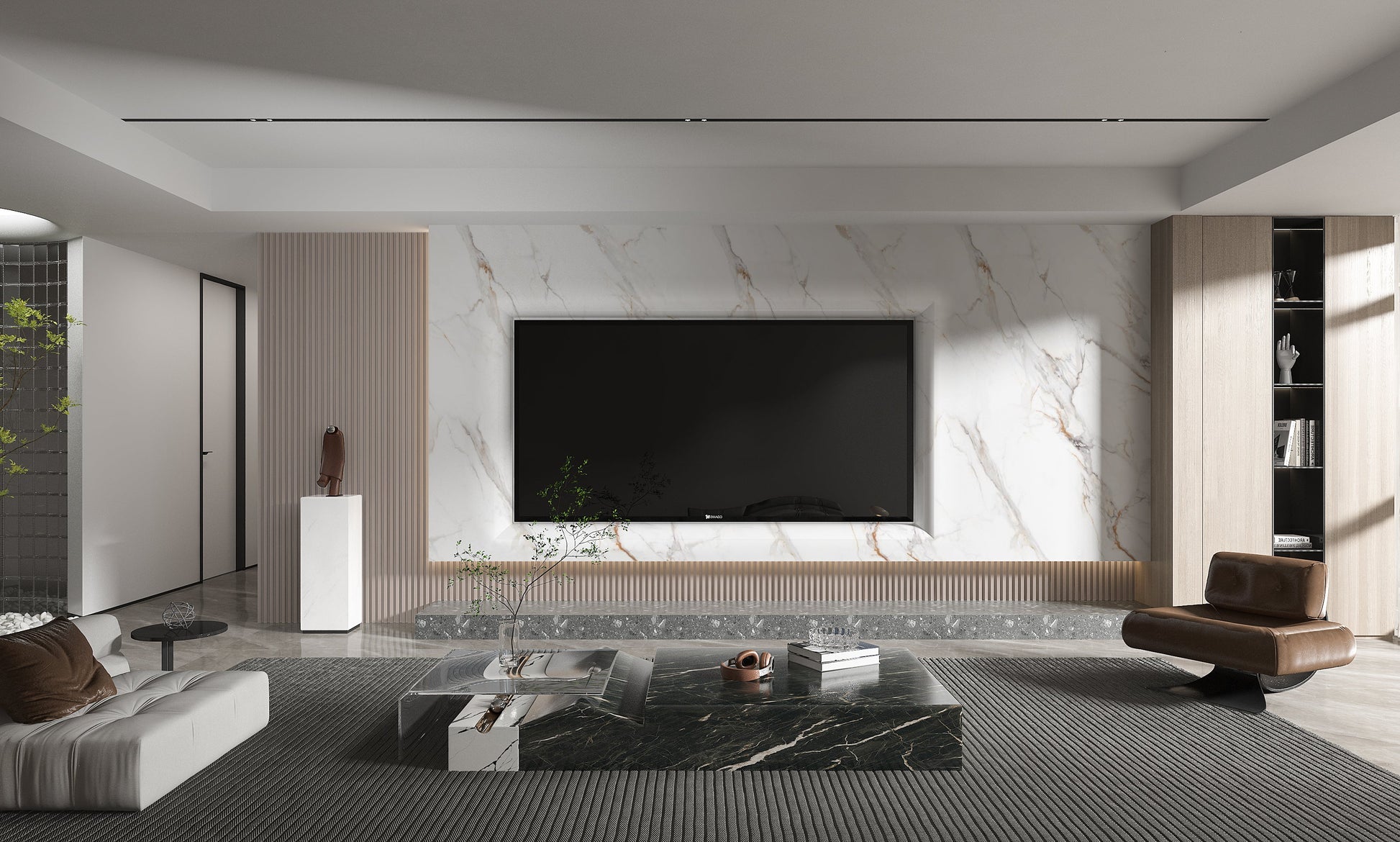 PVC 3D Marble Sheet Whitewave Azure. New Era Wall Panels. Living Room With PVC Marble Sheets Design