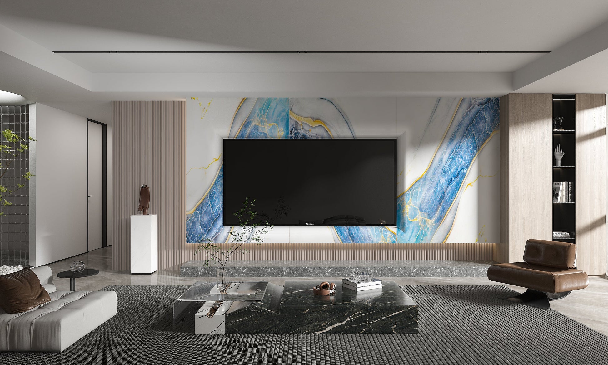 PVC 3D Marble Sheet Blue Drift. New Era Wall Panels. Living Room With PVC Marble Sheets Design