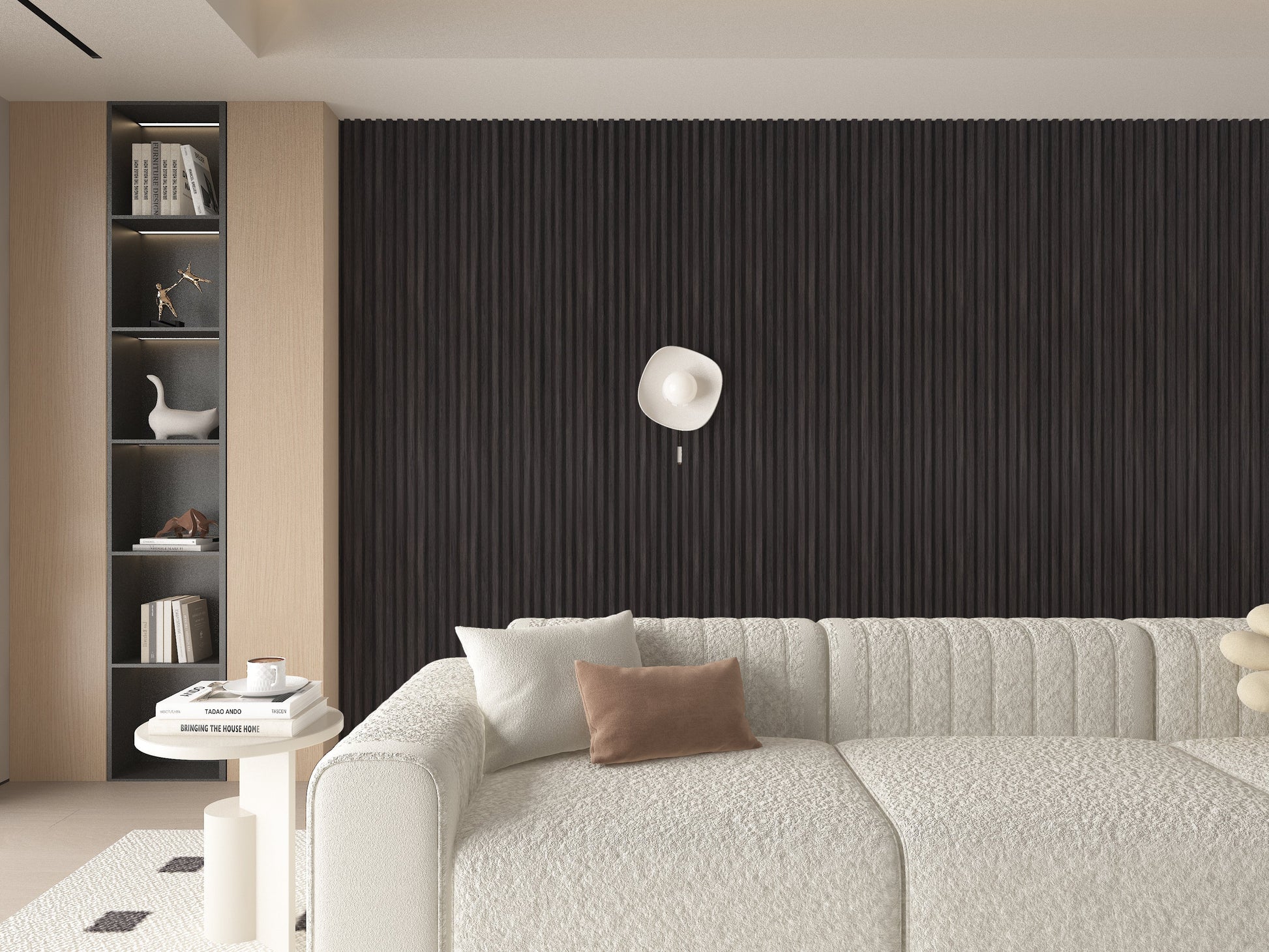 Dark Smoky Oak WPC Fluted 3D Wall Panels. New Era Wall Panels. Living Room Design With WPC Fluted Wall Panels