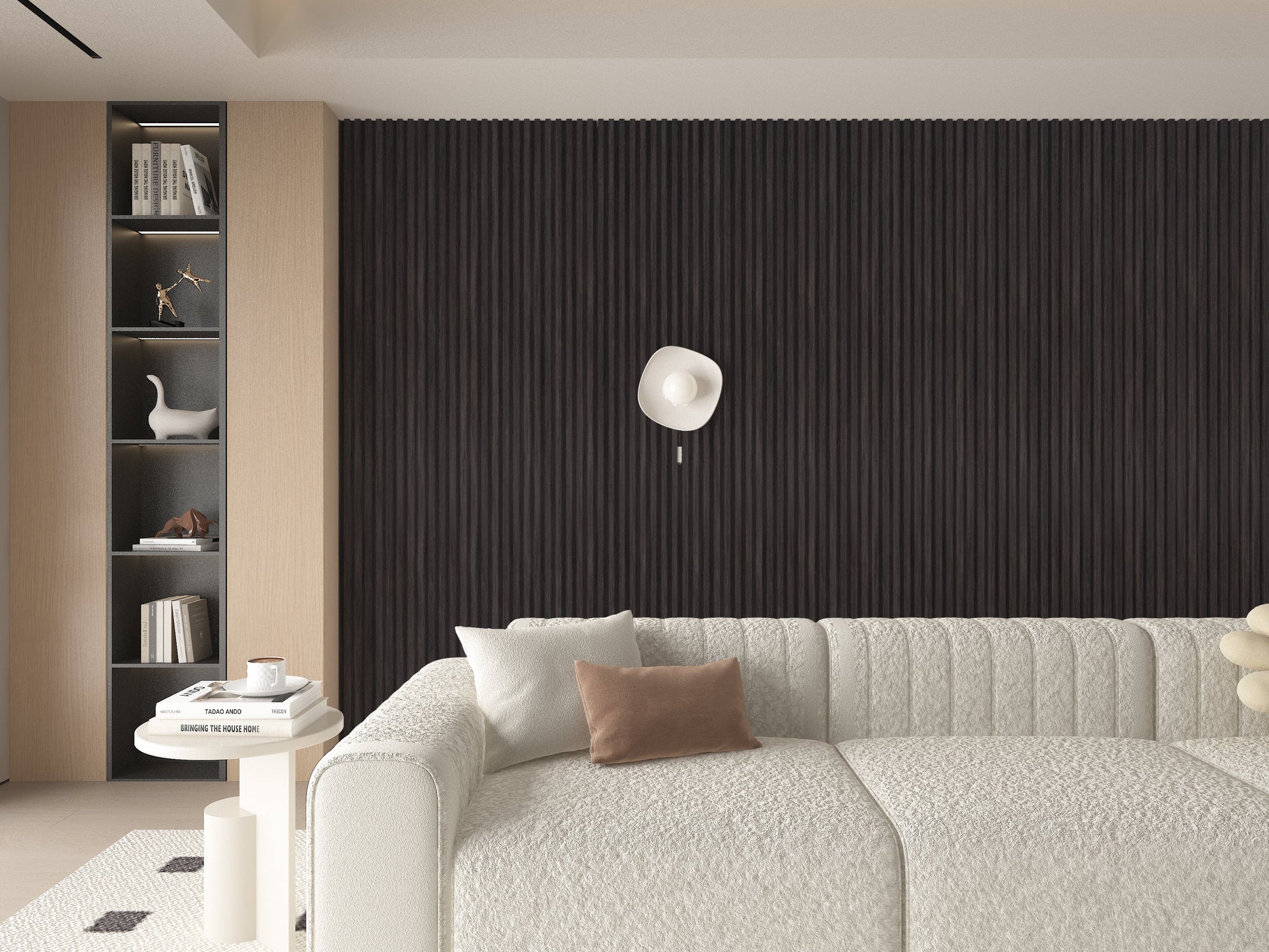 Dark Smoky Oak WPC Fluted 3D Wall Panels. New Era Wall Panels. Living Room Design With WPC Fluted Wall Panels