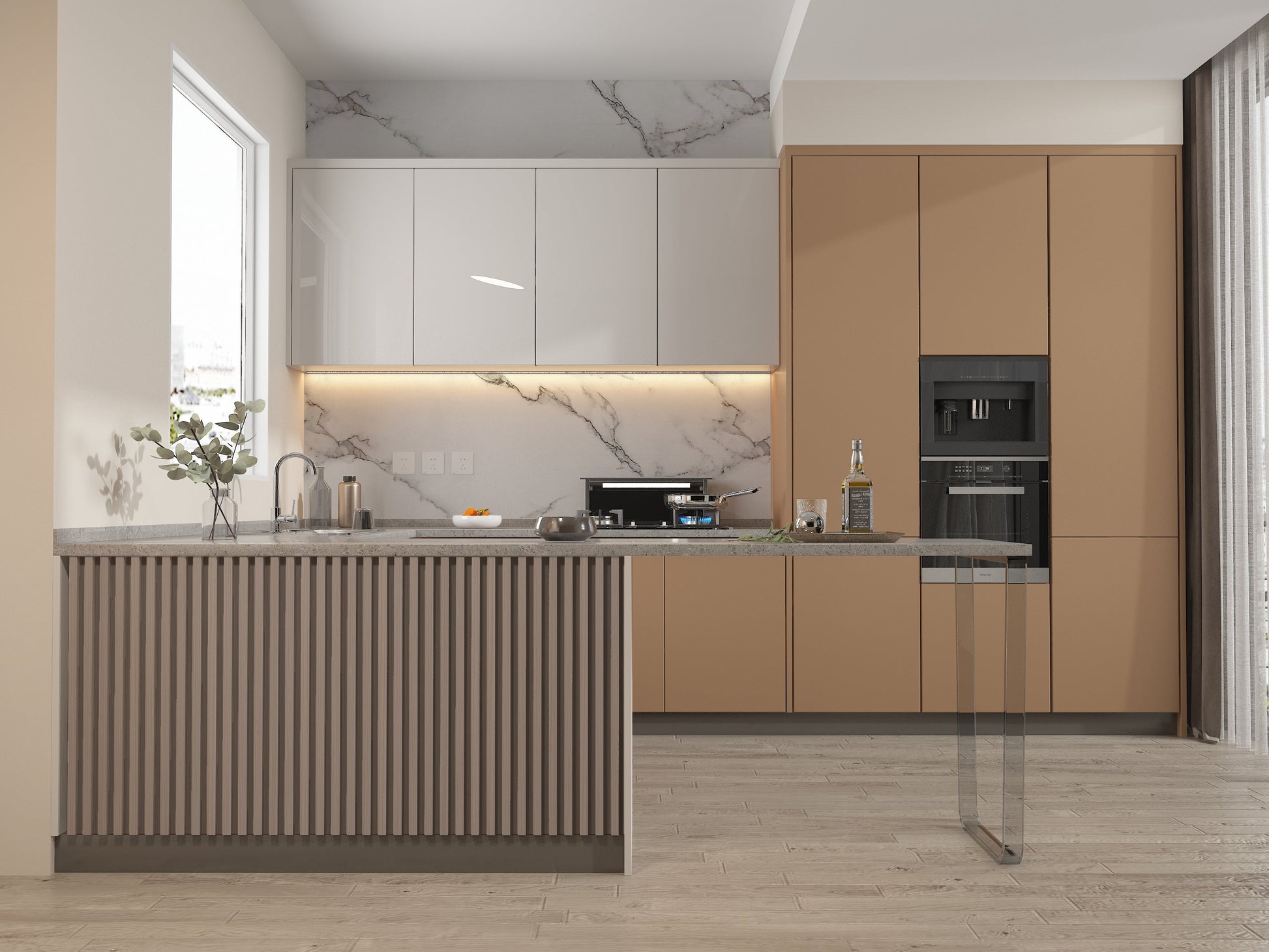 Cedar Oak WPC Fluted 3D Wall Panels. New Era Wall Panels. Kitchen Design From WPC Fluted Wall Panels