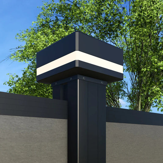 LED cap mounted on a dark composite fence post in daylight