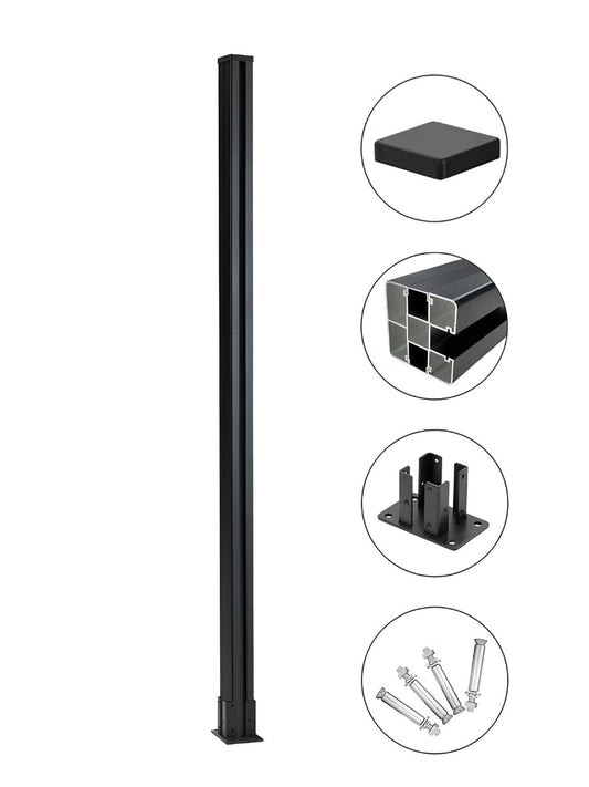Black 6 ft above-ground fence post shown with cap, hollow cross-section, mounting base, and bolts