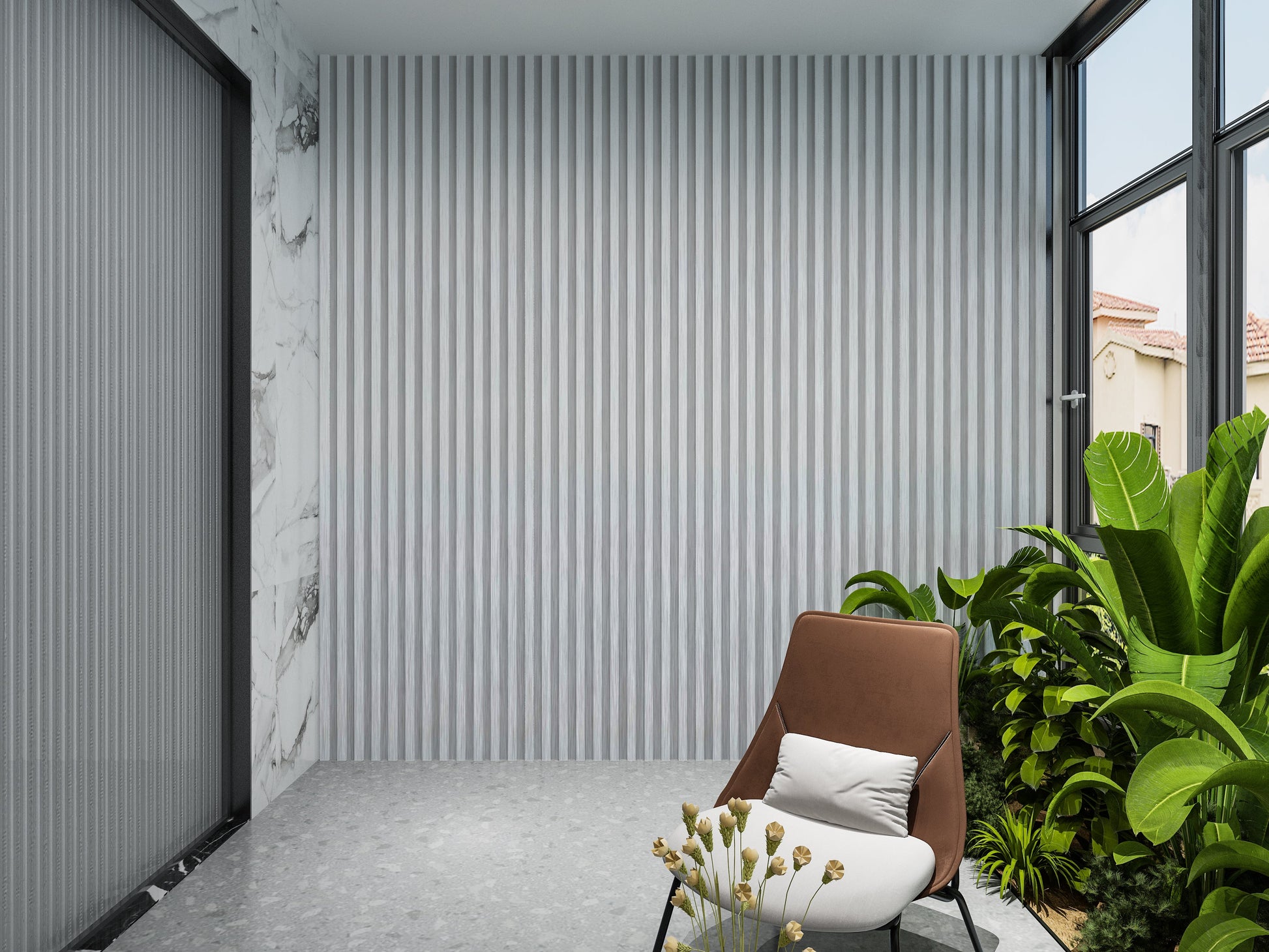 White Brushed WPC Fluted 3D Wall Panels. New Era Wall Panels. Balcony Design With WPC Fluted Wall Panels