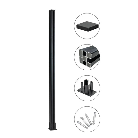 6 ft black aluminum fence post with square post cap, internal channel design, base plate mount, and included installation bolts for exterior fencing