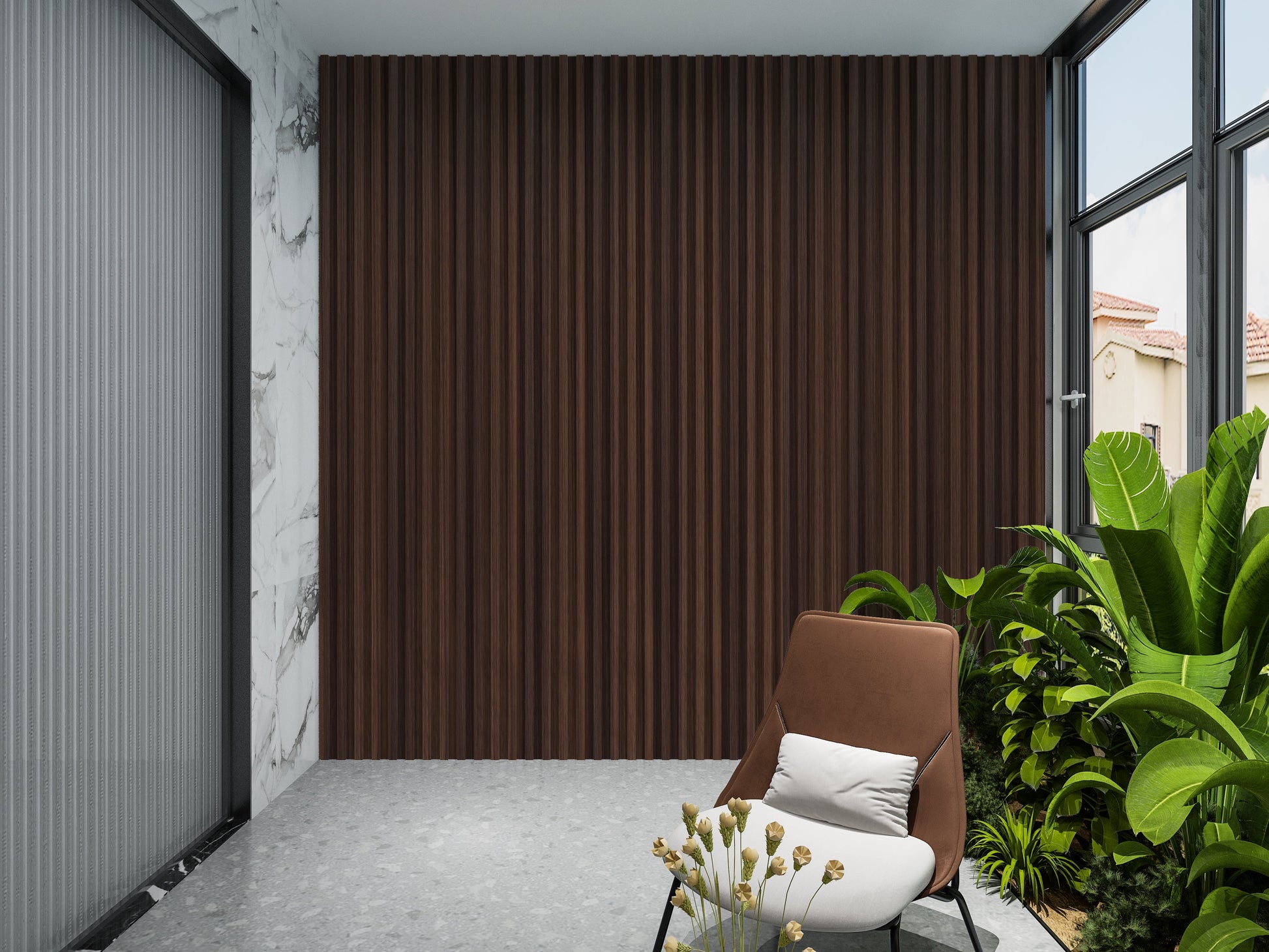 Dark Walnut WPC Fluted 3D Wall Panels. New Era Wall Panels. Balcony Design With WPC Fluted Wall Panels