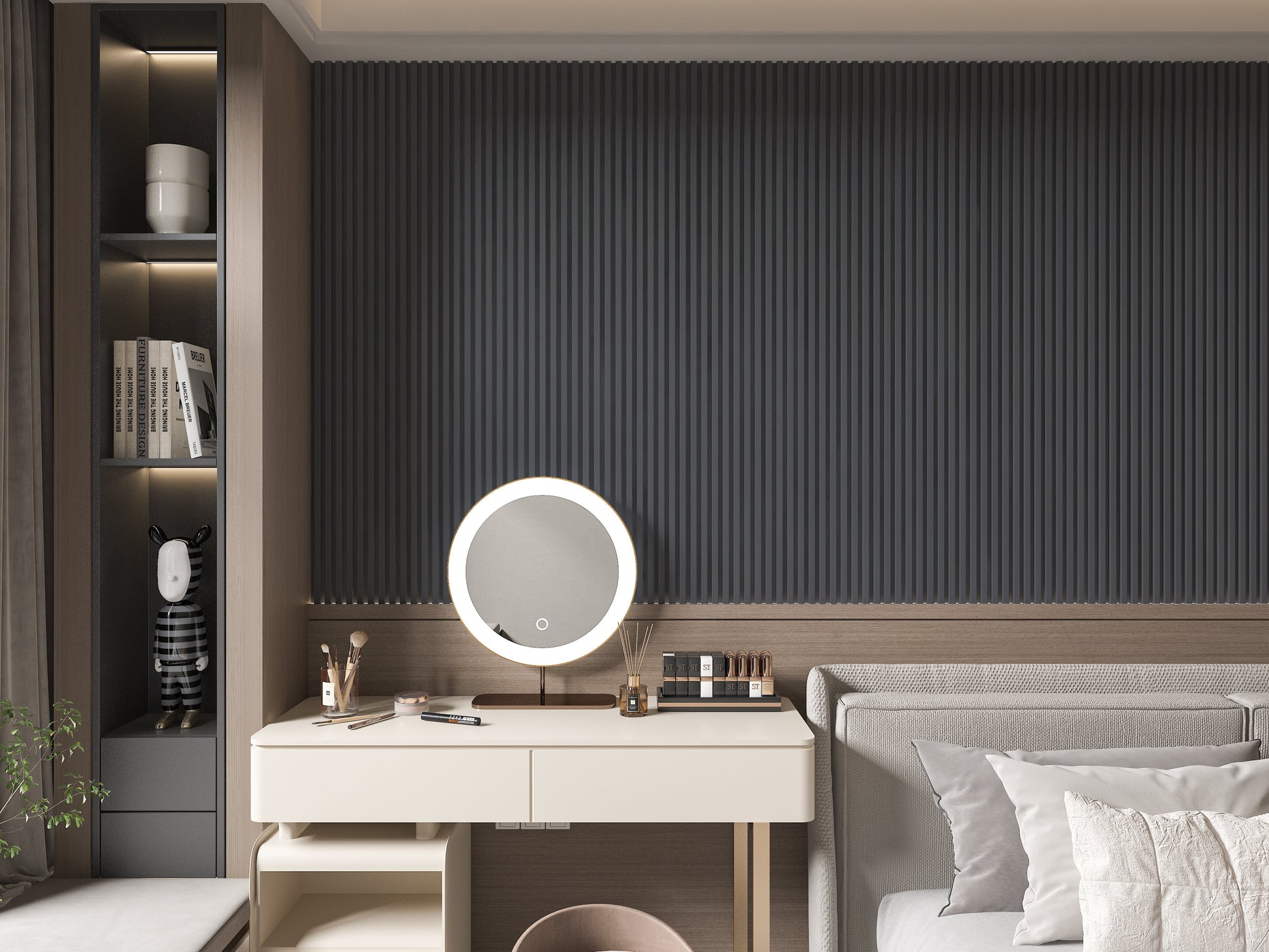 Silver Gray Metallic WPC Fluted 3D Wall Panels. New Era Wall Panels. Living Room Design With WPC Fluted Wall Panels