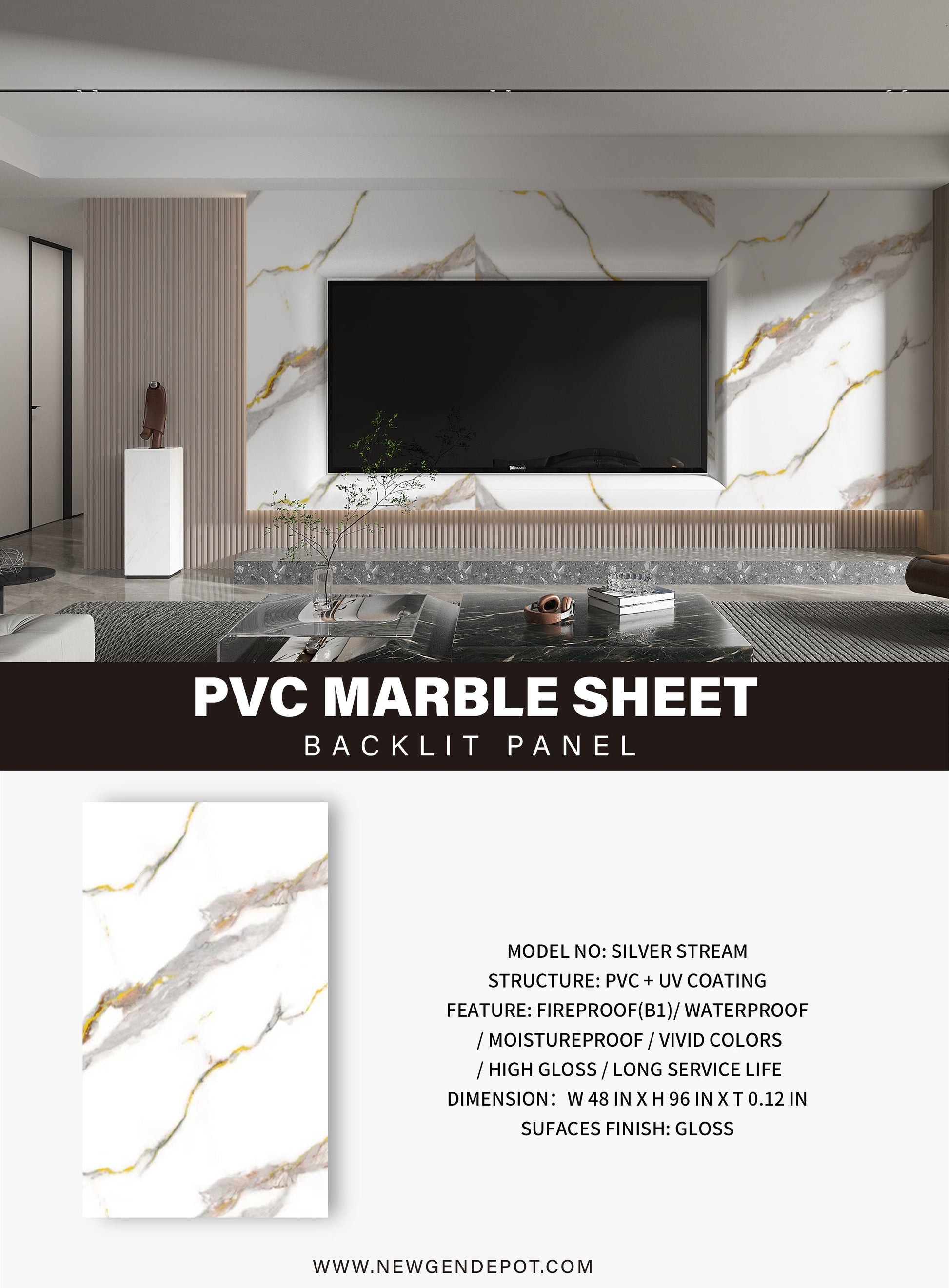 PVC 3D Marble Sheet Silver Stream Specifications. New Era Wall Panels