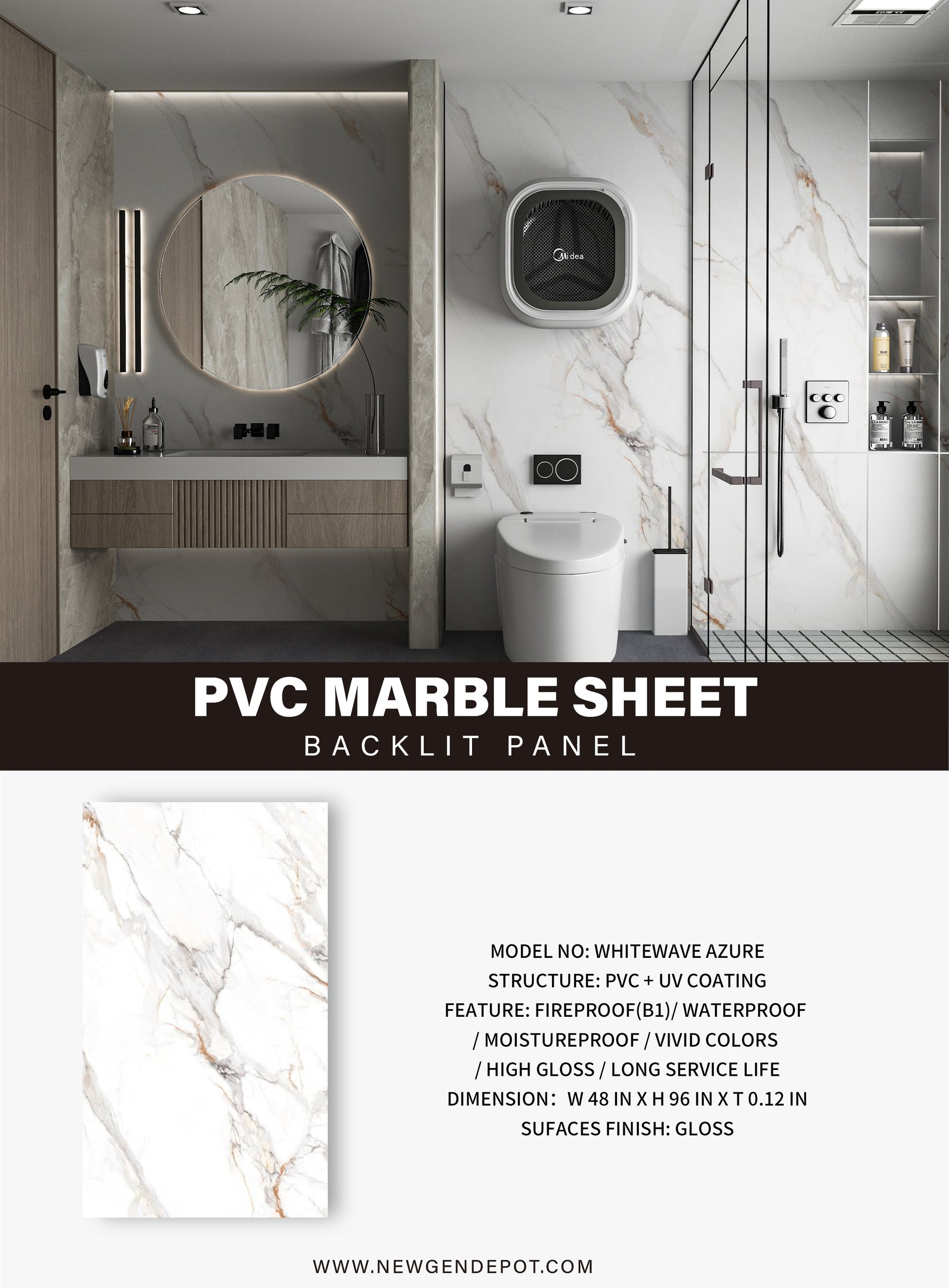 PVC 3D Marble Sheet Whitewave Azure Specifications. New Era Wall Panels