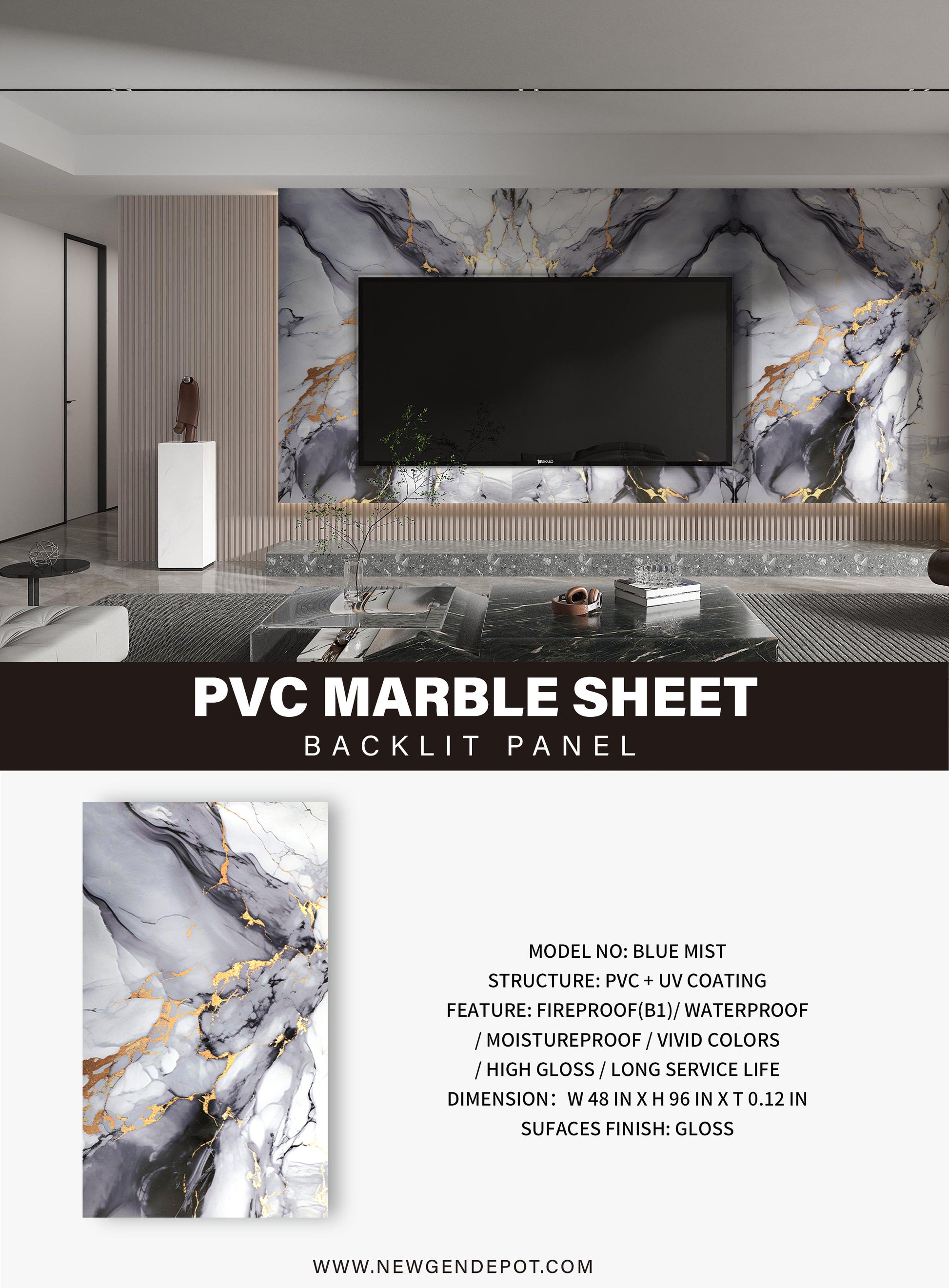 PVC 3D Marble Sheet Blue Mist Specifications. New Era Wall Panels