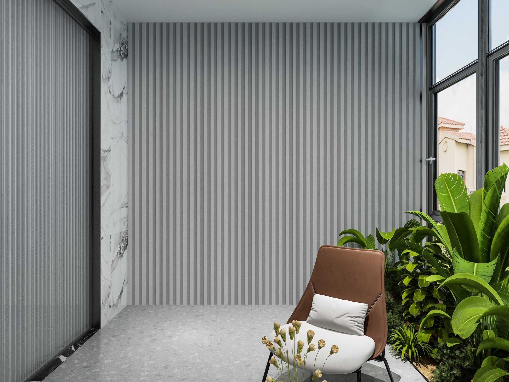 White linen WPC Fluted 3D Wall Panels. New Era Wall Panels. Balcony Design With WPC Fluted Wall Panels