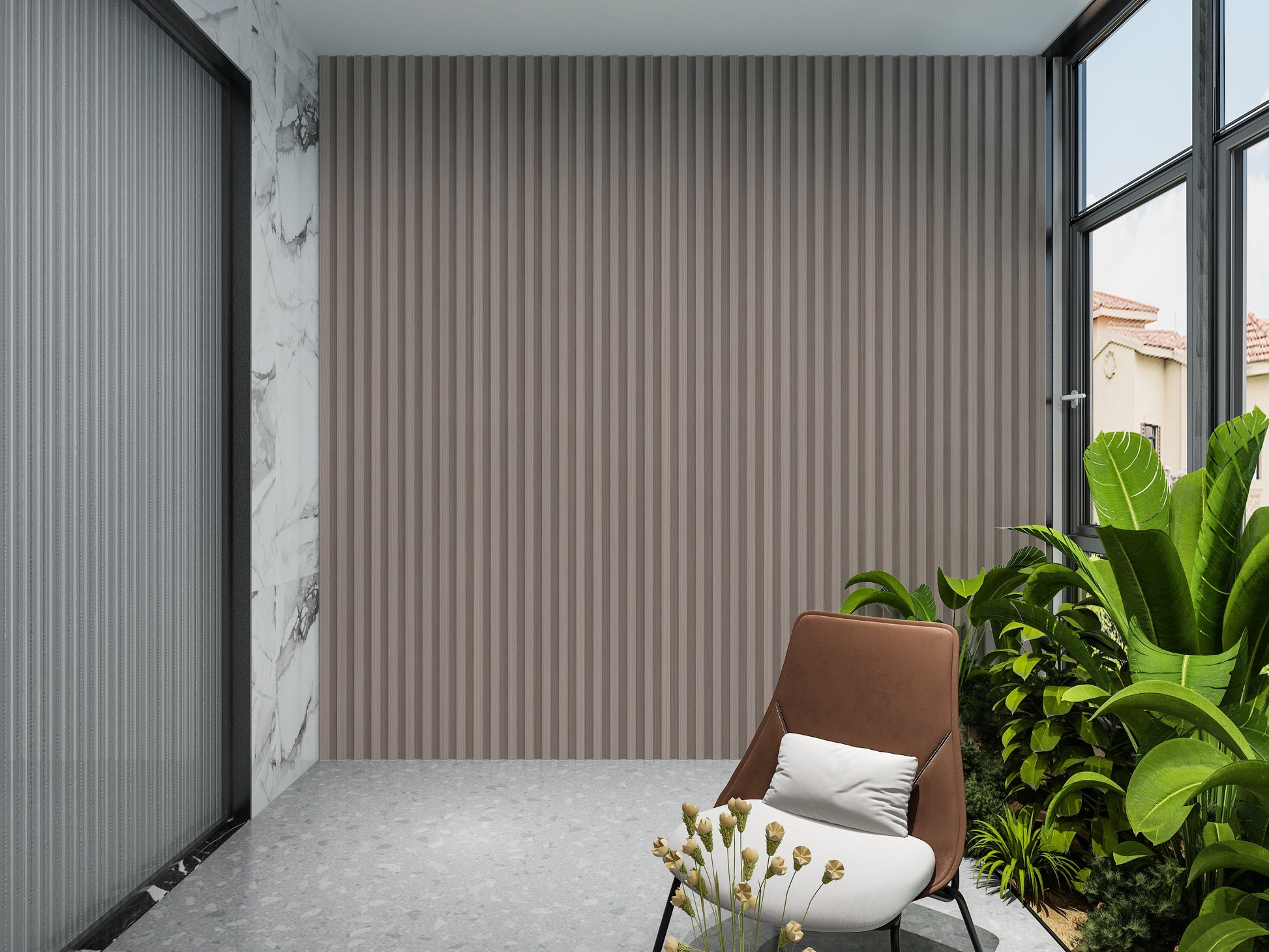 Cedar Oak WPC Fluted 3D Wall Panels. New Era Wall Panels. Balcony Design With WPC Fluted Wall Panels