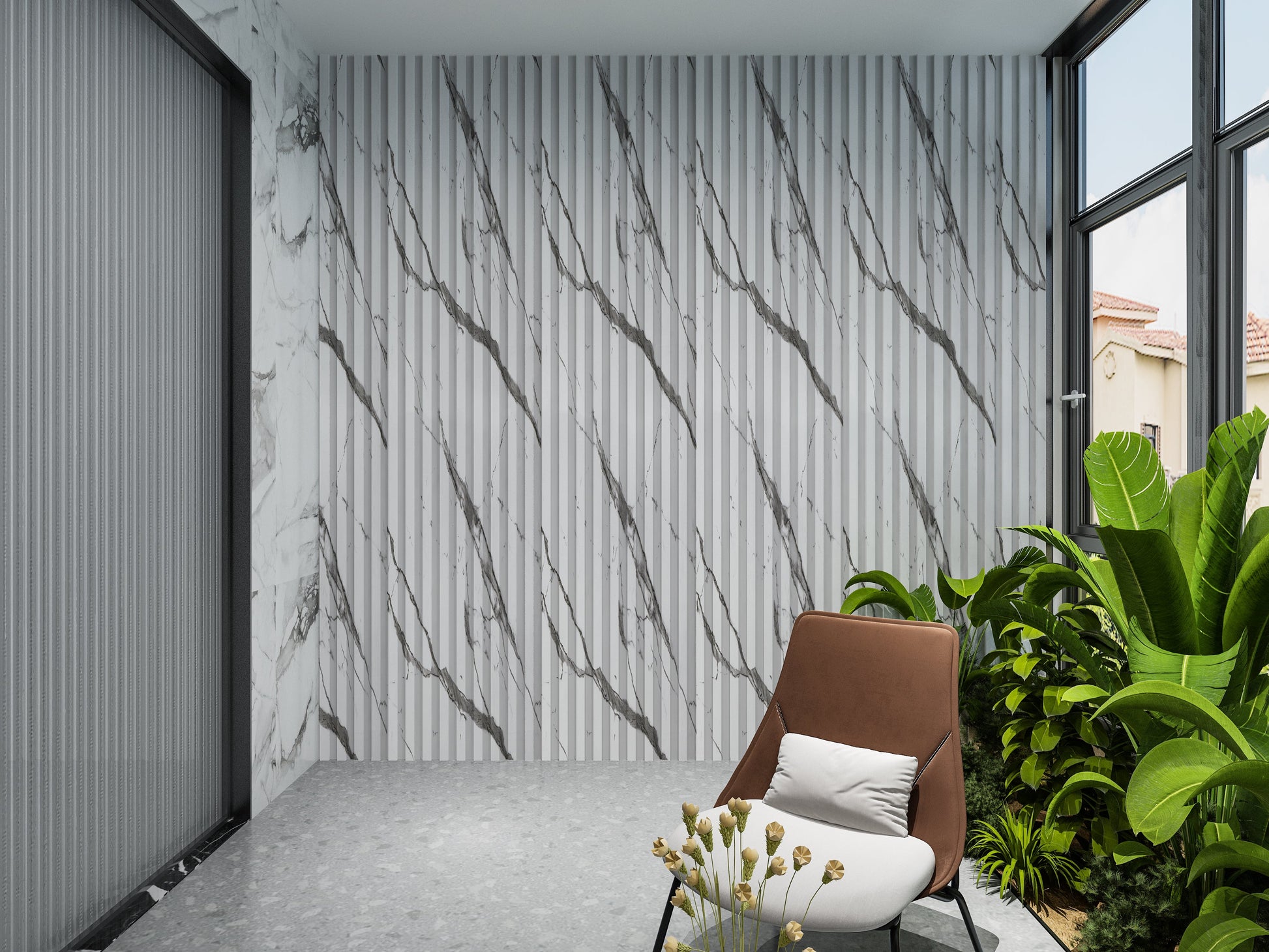 Gray Vain WPC Fluted 3D Wall Panels. New Era Wall Panels. Balcony Design With WPC Fluted Wall Panels