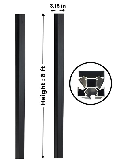 Black 8 ft in-ground gate post shown in two profile views with 3.15-inch width and cross-section detail