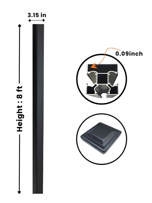 Black 8 ft in-ground gate post with 3.15-inch width, 0.09-inch wall detail, cross-section, and post cap