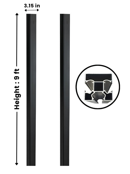 Black 9 ft in-ground gate post shown from two sides with 3.15-inch width and cross-section detail