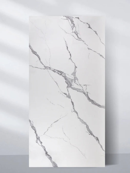 Calacatta Belga 4x8 ft PVC marble wall panel with a white surface and dramatic gray veining
