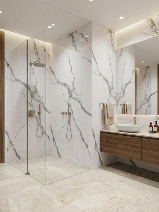 Calacatta Belga PVC marble sheets installed on bathroom and glass shower walls