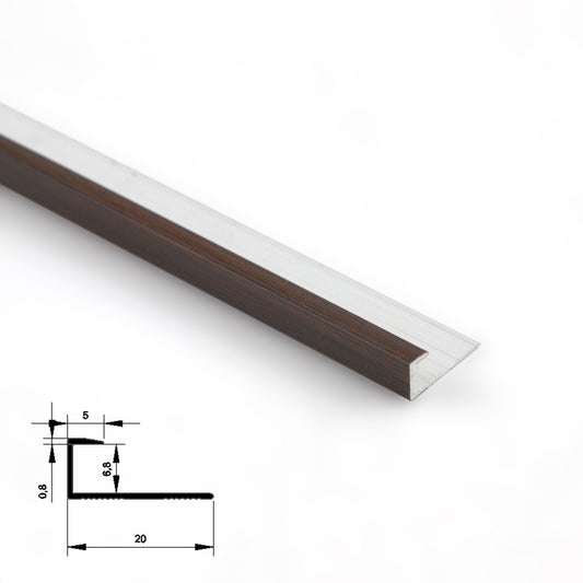 Dark brown 6.3mm aluminum end cap trim close-up with cross-section dimensions