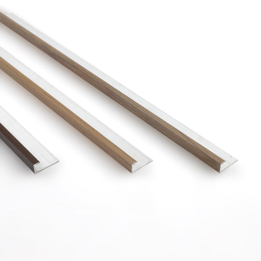 Three 6.3mm aluminum end cap trims for wood veneer wall panels in assorted matching brown tones