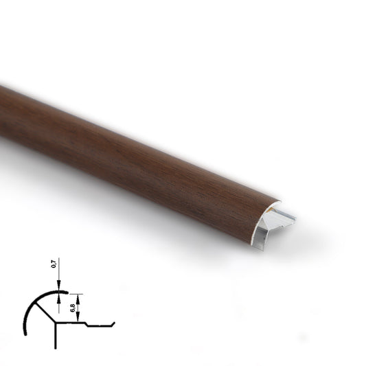 Dark brown wood-look aluminum outside corner trim with profile dimensions