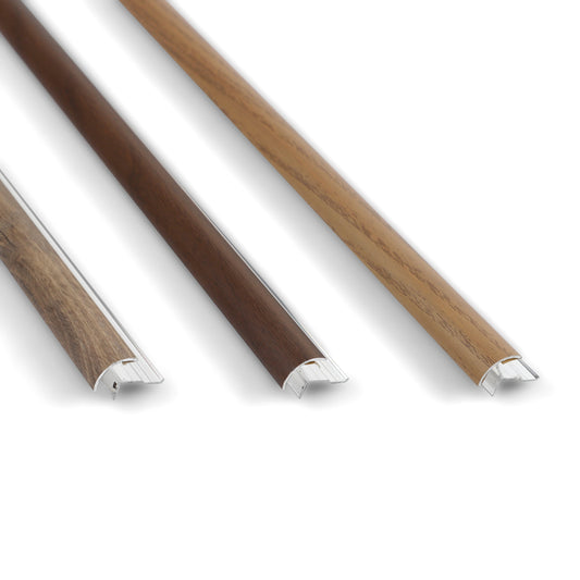 Three 6.3mm aluminum outside corner trims in varied wood-look colors for veneer wall panels