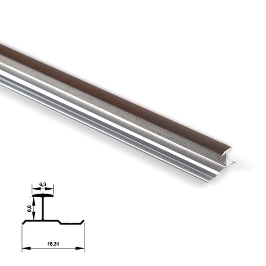 Dark brown wood-look aluminum H-joint trim in angled close-up with profile dimensions