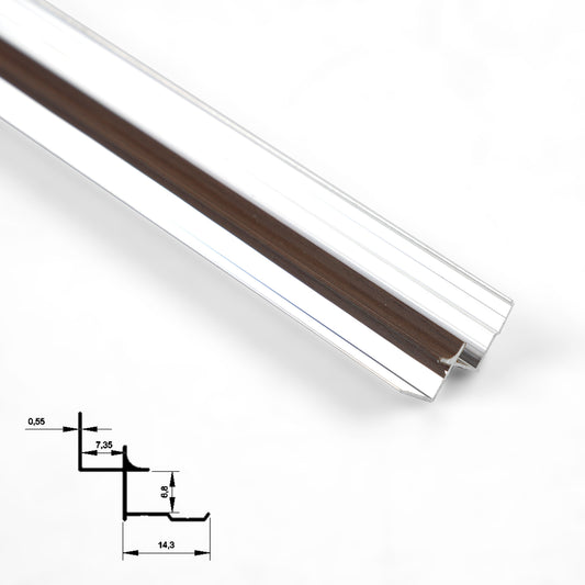 Dark brown wood-grain aluminum inside corner trim shown close up with profile dimensions