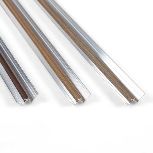 Three 6.3mm aluminum inside corner trims with silver edges and assorted wood-grain matching colors
