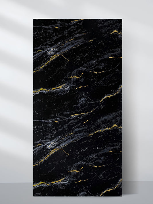 Midnight Gold Marble UV-protected PVC wall panel in a 4 x 8 ft sheet with black, gray and gold veining