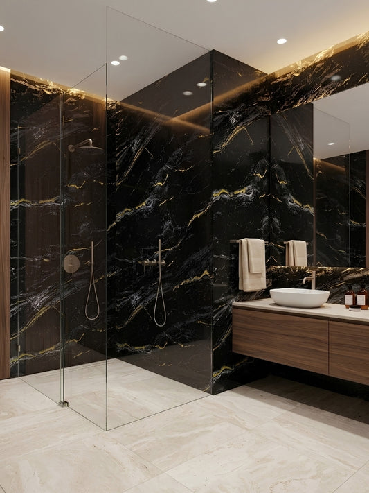 Midnight Gold Marble PVC wall panels installed around a modern glass-enclosed shower and bathroom vanity